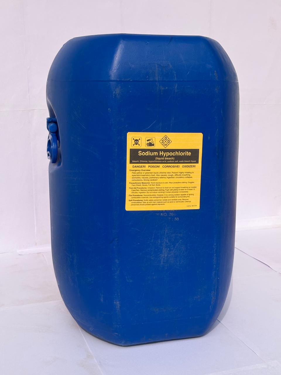 Full blue Sodium Hypochlorite container