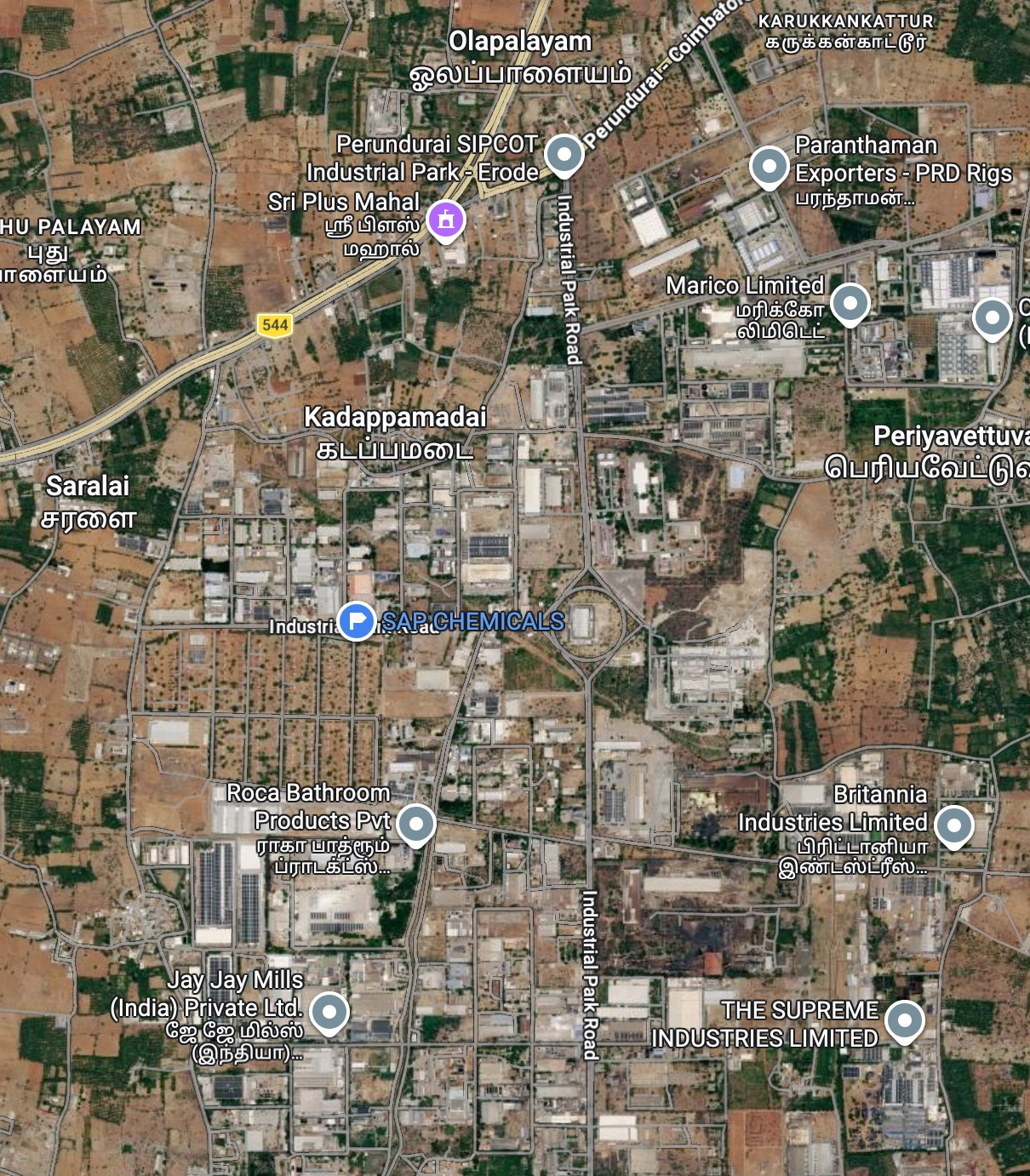Map showing SAP Chemicals location in SIPCOT, Perundurai, Erode District